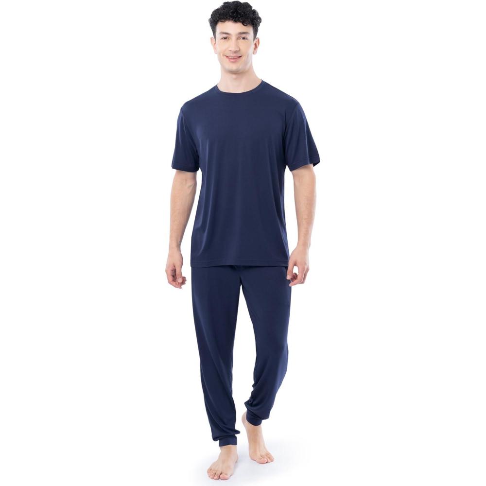 imageFruit of the Loom mens 360 Stretch Crewneck Top and Jogger Pant Sleep Pajama SetNavy