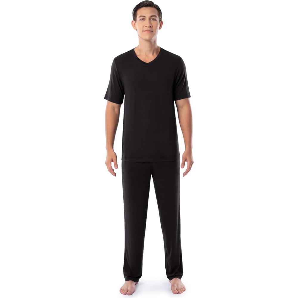 imageFruit of the Loom mens 360 Stretch Short Sleeve Vneck Top and Pant Sleep Pajama SetBlack