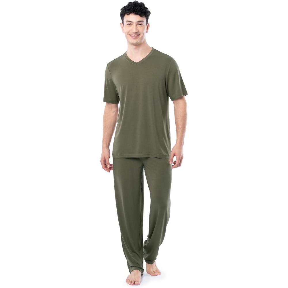 imageFruit of the Loom mens 360 Stretch Short Sleeve Vneck Top and Pant Sleep Pajama SetDusty Olive