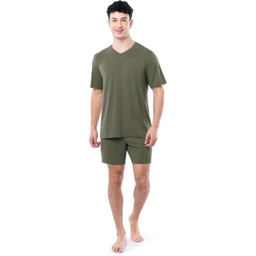 imageFruit of the Loom mens 360 Stretch Short Sleeve Vneck Top and Short Sleep Pajama SetDusty Olive
