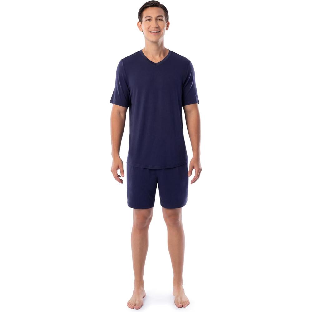 imageFruit of the Loom mens 360 Stretch Short Sleeve Vneck Top and Short Sleep Pajama SetNavy