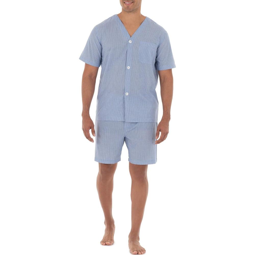 imageFruit of the Loom mens Broadcloth Short Sleeve Pajama SetBlue Stripe
