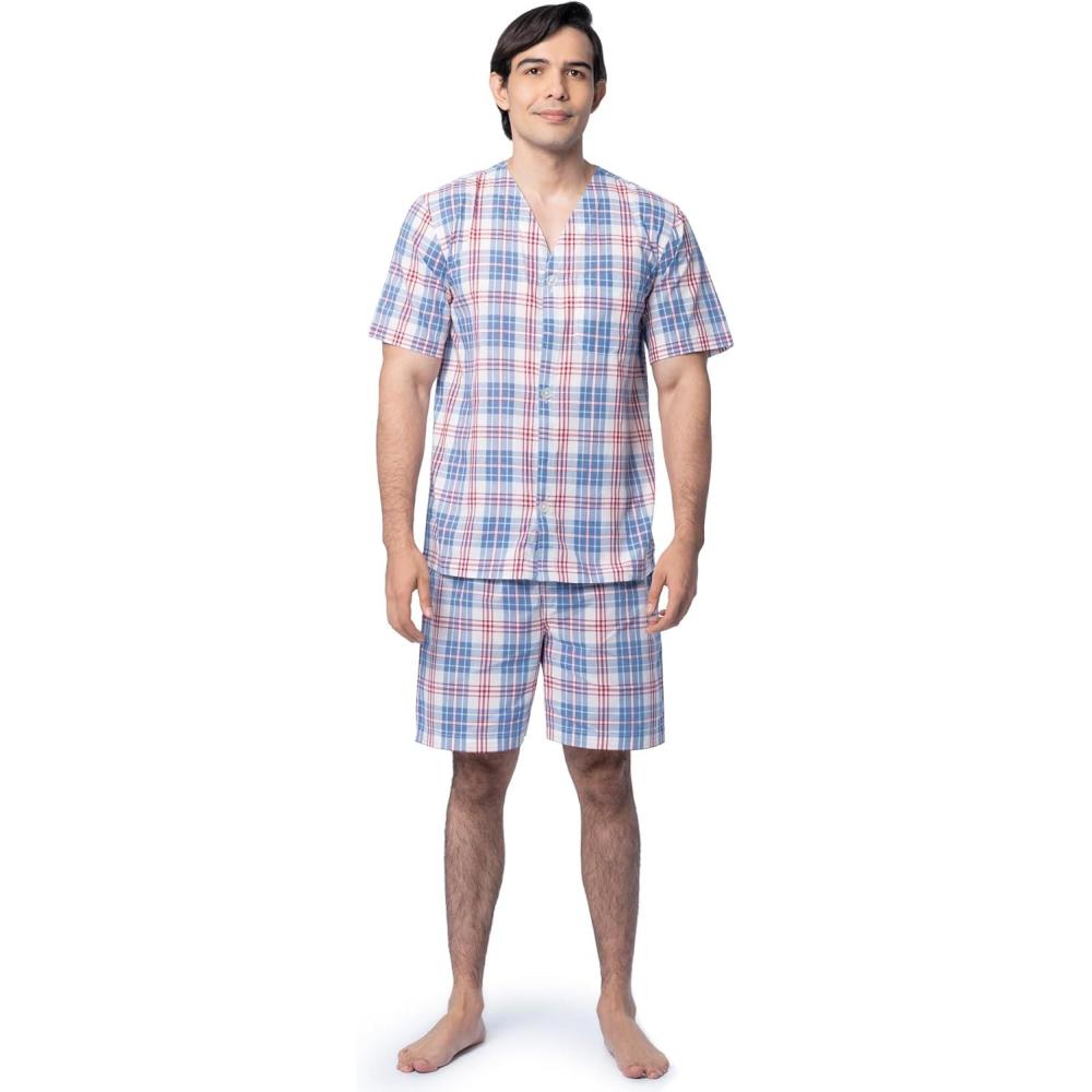 imageFruit of the Loom mens Broadcloth Short Sleeve Pajama SetIvoryBlueRed Plaid