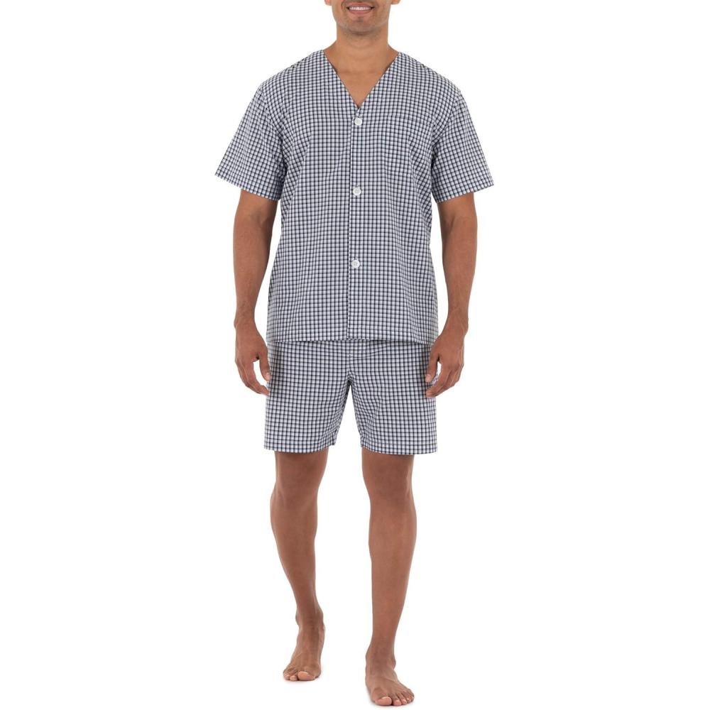 imageFruit of the Loom mens Broadcloth Short Sleeve Pajama SetNavy Check