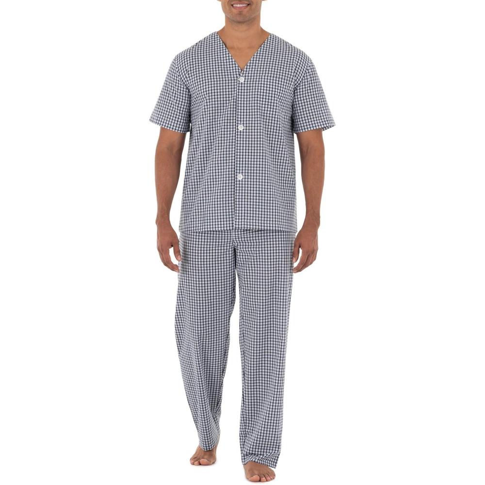 imageFruit of the Loom mens Broadcloth Short Sleeve Top and Long Pants Pajama SetNavy