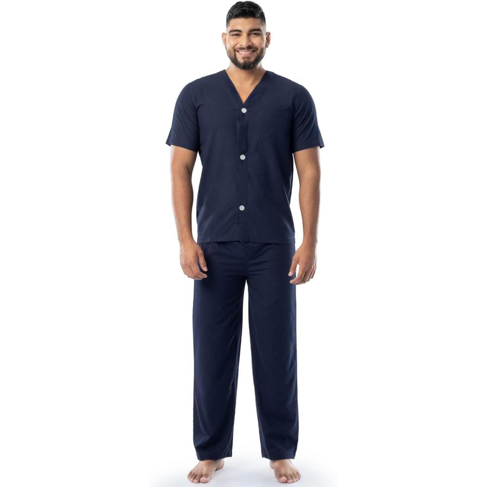 imageFruit of the Loom mens Broadcloth Short Sleeve Top and Long Pants Pajama SetNavy Blue