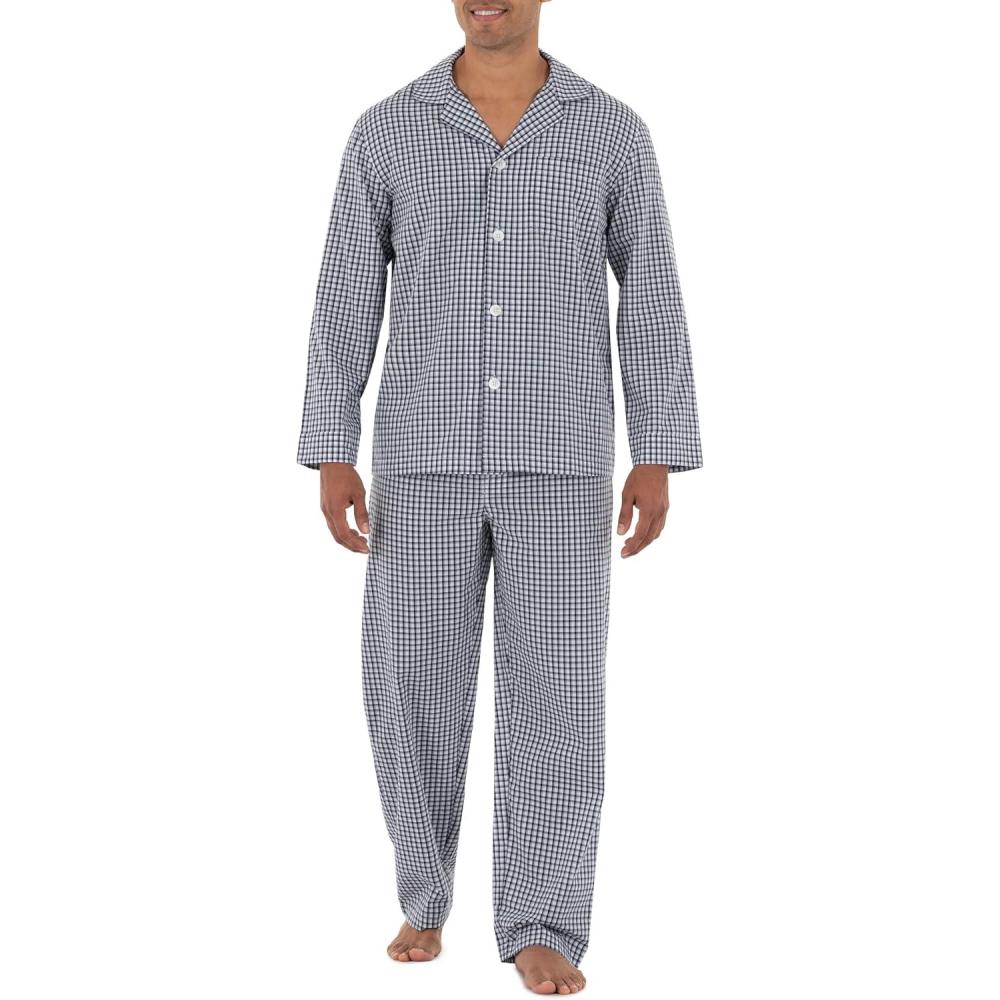 imageFruit of the Loom mens Long Sleeve Broadcloth Pajama SetNavyWhite Check