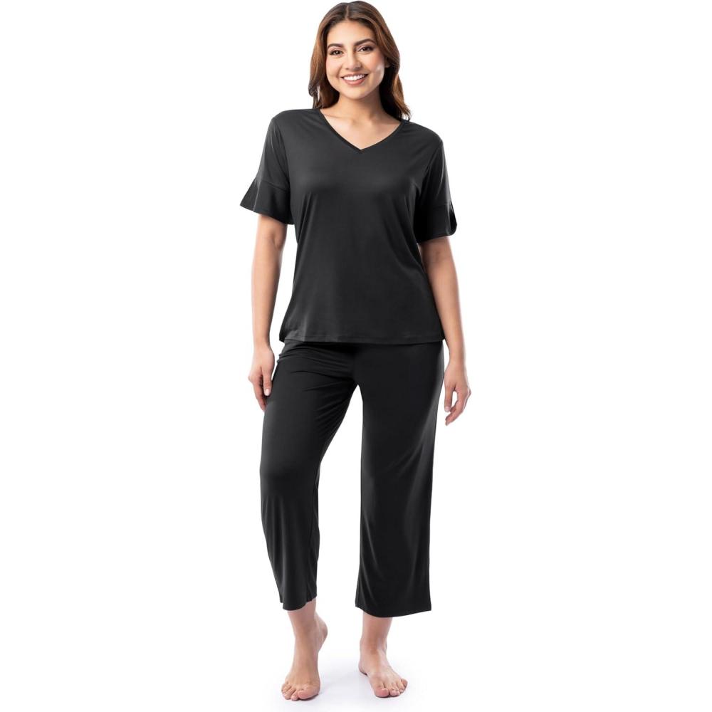 imageFruit of the Loom womens 360 Stretch Ruffle Sleeve Vneck Tee and Capri Sleep Pajama SetBlack