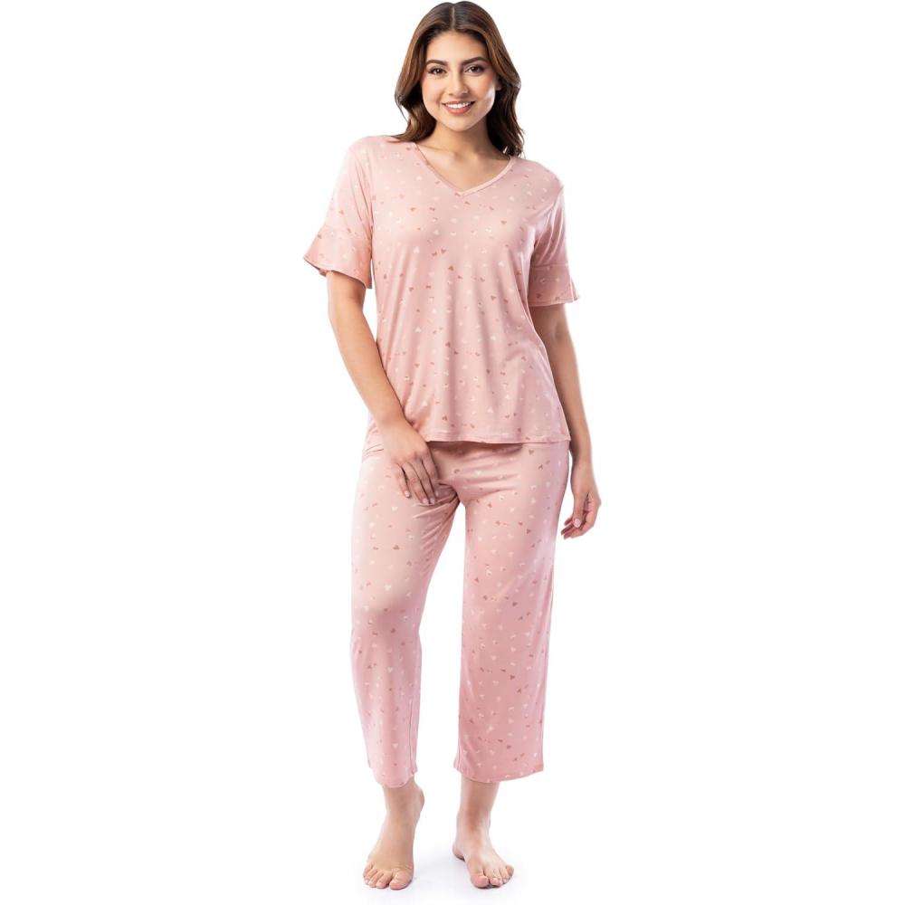 imageFruit of the Loom womens 360 Stretch Ruffle Sleeve Vneck Tee and Capri Sleep Pajama SetWatercolor Hearts