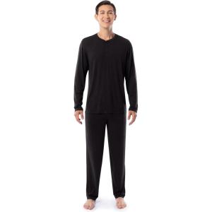 Fruit of the Loom Men’s 360 Stretch Long Sleeve Henley Top and Pant Sleep Pajama Set(Black)