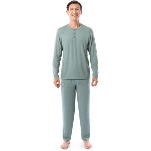 Fruit of the Loom Men’s 360 Stretch Long Sleeve Henley Top and Pant Sleep Pajama Set(Green)