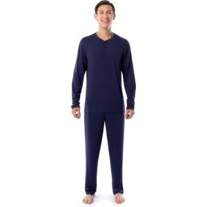 Fruit of the Loom Men’s 360 Stretch Long Sleeve Henley Top and Pant Sleep Pajama Set(Navy)