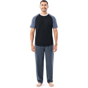 Fruit of the Loom Men’s Jersey Henley Top and Broadcloth Pant Sleep Pajama Set(Black/Blue Plaid)