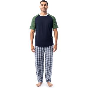 Fruit of the Loom Men’s Jersey Henley Top and Broadcloth Pant Sleep Pajama Set(Navy/Green Plaid)