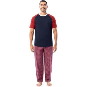 Fruit of the Loom Men’s Jersey Henley Top and Broadcloth Pant Sleep Pajama Set(Navy/Red Plaid)