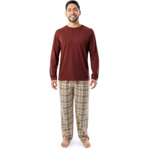 Fruit of the Loom Men’s Jersey Knit Top and Flannel Pant Pajama Sleep Set(Red/Khaki Plaid)