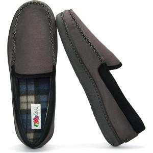 Fruit of the Loom Men’s Memory Foam House Slippers Indoor Outdoor – Microsuede Venetian Cozy Warm Men’s Slippers Plush House Shoes, Sizes 7-14(Grey)