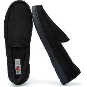 Fruit of the Loom Men’s Moccasin Slippers, Memory Foam Indoor Outdoor House Shoes, Cozy Fuzzy Footwear for Men, Non-Slip Suede Design(Black)