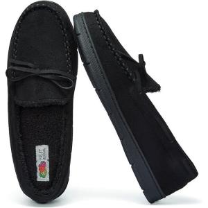 Fruit of the Loom Men’s Moccasin Slippers, Memory Foam Indoor/Outdoor House Shoes, Sherpa Lined, Cozy Fuzzy Gifts for Men, Dad, Christmas(Black)