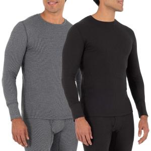 Fruit of the Loom Men’s Recycled Waffle Thermal Underwear Crew Top (1 and 2 Packs)(Black/Greystone)