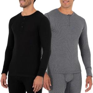 Fruit of the Loom Mens Recycled Waffle Thermal Underwear Henley Top (1 and 2 Packs)(Black/Greystone Heather)