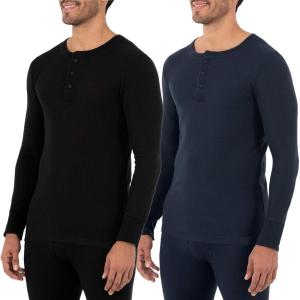 Fruit of the Loom Mens Recycled Waffle Thermal Underwear Henley Top (1 and 2 Packs)(Black/Navy)