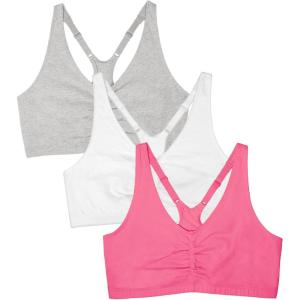Fruit of the Loom Women’s Adjustable Shirred Front Racerback Sports Bra, Multi Pack Options(Neon Pink Heather/White/Grey Heather)