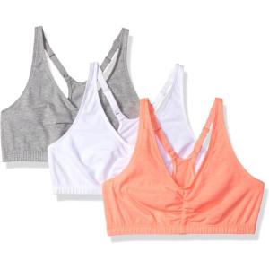 Fruit of the Loom Women’s Adjustable Shirred Front Racerback Sports Bra, Multi Pack Options(Punchy Peach/White/Grey Heather)