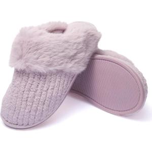 Fruit of the Loom Women’s Chenille Fur Cuff Slippers – Memory Foam Indoor Outdoor Clog Shoes, Soft Cozy House Slippers for Women, Fuzzy Warm Zapatos Cómodos(Lilac)