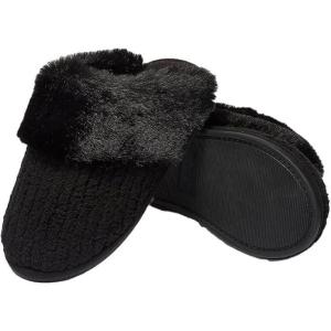 Fruit of the Loom Women’s Chenille Fur Cuff Slippers – Memory Foam Indoor Outdoor Clog Shoes, Soft Cozy House Slippers for Women, Fuzzy Warm Zapatos Cómodos(Black)