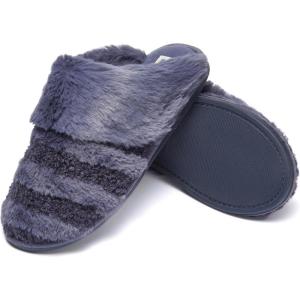 Fruit of the Loom Womens Memory Foam Slippers, Stripe Feather Fur Cuff Clogs, Soft Fuzzy, Gifts for Women(Blue)