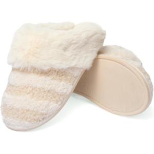 Fruit of the Loom Womens Memory Foam Slippers, Stripe Feather Fur Cuff Clogs, Soft Fuzzy, Gifts for Women(Ivory)