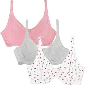 Fruit of the Loom Women’s Multi-Pack Unlined Underwire Cotton Bra(Dancing Rosebuds/Lilas/Grey)