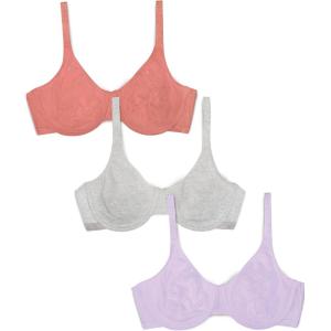 Fruit of the Loom Women’s Multi-Pack Unlined Underwire Cotton Bra(Desert Dusk/Grey/Lilac Whisper)