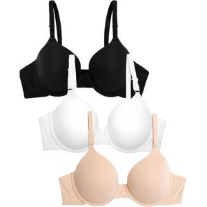 Fruit of the Loom Womens Smooth Cotton T-Shirt Bra – Ultra-Soft, Flexible, and Invisible Under Tees(Black Hue/Sand/White)