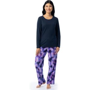 Fruit of the Loom Women’s Sueded Jersey Crew Top and Fleece Pant Sleep Set(Navy/Abstract)
