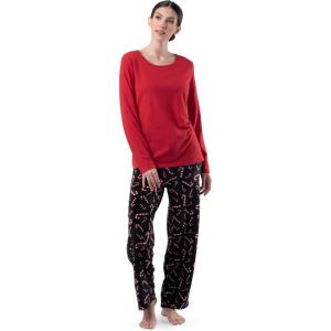 Fruit of the Loom Women’s Sueded Jersey Crew Top and Fleece Pant Sleep Set(Radiant Red/Candy Canes)