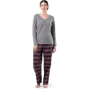 Fruit of the Loom Women’s Waffle V-Neck Top(Grey Heather/Fair Isle Black)