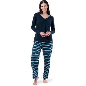 Fruit of the Loom Women’s Waffle V-Neck Top(Midnight Blue/Blue Sea Stripe)