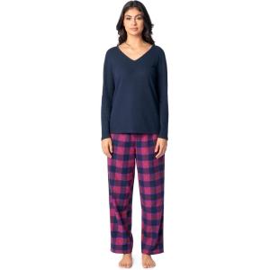 Fruit of the Loom Women’s Waffle V-Neck Top(Navy/Pink Plaid)