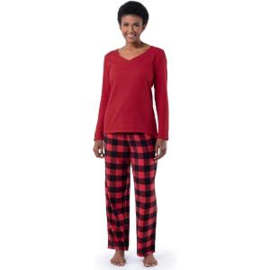 Fruit of the Loom Women’s Waffle V-Neck Top(Radiant Red/Buffalo Check)