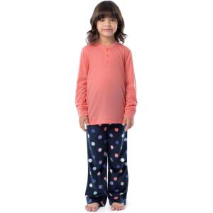 Fruit of the Loom girls Long Sleeve Jersey Henley Top and Fleece Pant Sleep Pajama Set(Coral/Navy Dots)