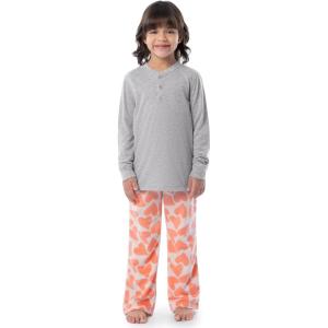 Fruit of the Loom girls Long Sleeve Jersey Henley Top and Fleece Pant Sleep Pajama Set(Grey Heather/Rose Hearts)