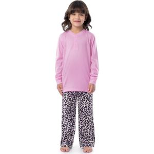Fruit of the Loom girls Long Sleeve Jersey Henley Top and Fleece Pant Sleep Pajama Set(Pink/Cheetah)