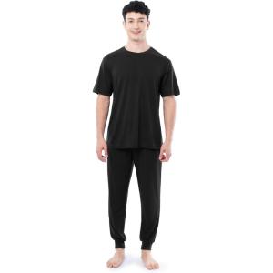 Fruit of the Loom mens 360 Stretch Crewneck Top and Jogger Pant Sleep Pajama Set(Black)