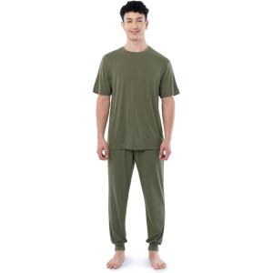 Fruit of the Loom mens 360 Stretch Crewneck Top and Jogger Pant Sleep Pajama Set(Dusty Olive)