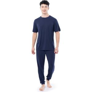 Fruit of the Loom mens 360 Stretch Crewneck Top and Jogger Pant Sleep Pajama Set(Navy)
