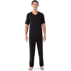 Fruit of the Loom mens 360 Stretch Short Sleeve V-neck Top and Pant Sleep Pajama Set(Black)