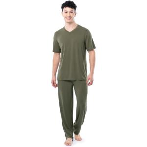 Fruit of the Loom mens 360 Stretch Short Sleeve V-neck Top and Pant Sleep Pajama Set(Dusty Olive)