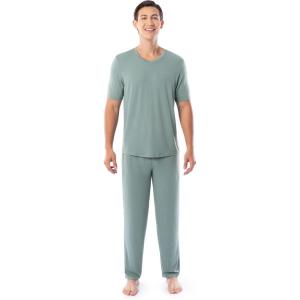 Fruit of the Loom mens 360 Stretch Short Sleeve V-neck Top and Pant Sleep Pajama Set(Green)